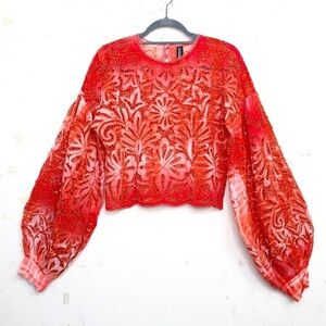 CONTINUUM Orange open eyelet balloon sleeve blouse
